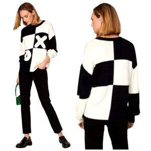 Staud Black And White Crew Neck Wool Blend Tic Tac Toe Sweater Size S